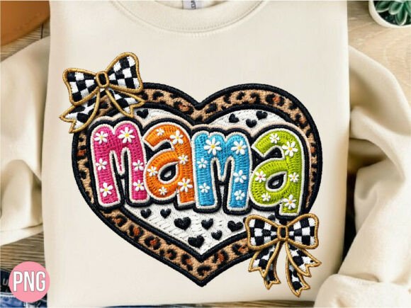 Leopard Mama Heart Bow Embroidery PNG